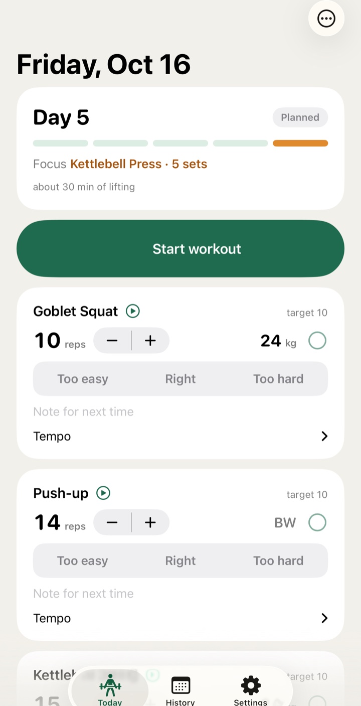 The Today screen for Friday, Day 5. The focus lift is Kettlebell Press, 5 sets, about 30 minutes of lifting. Under the Start workout button, Goblet Squat shows 10 reps at 24 kg and Push-up shows 14 reps.