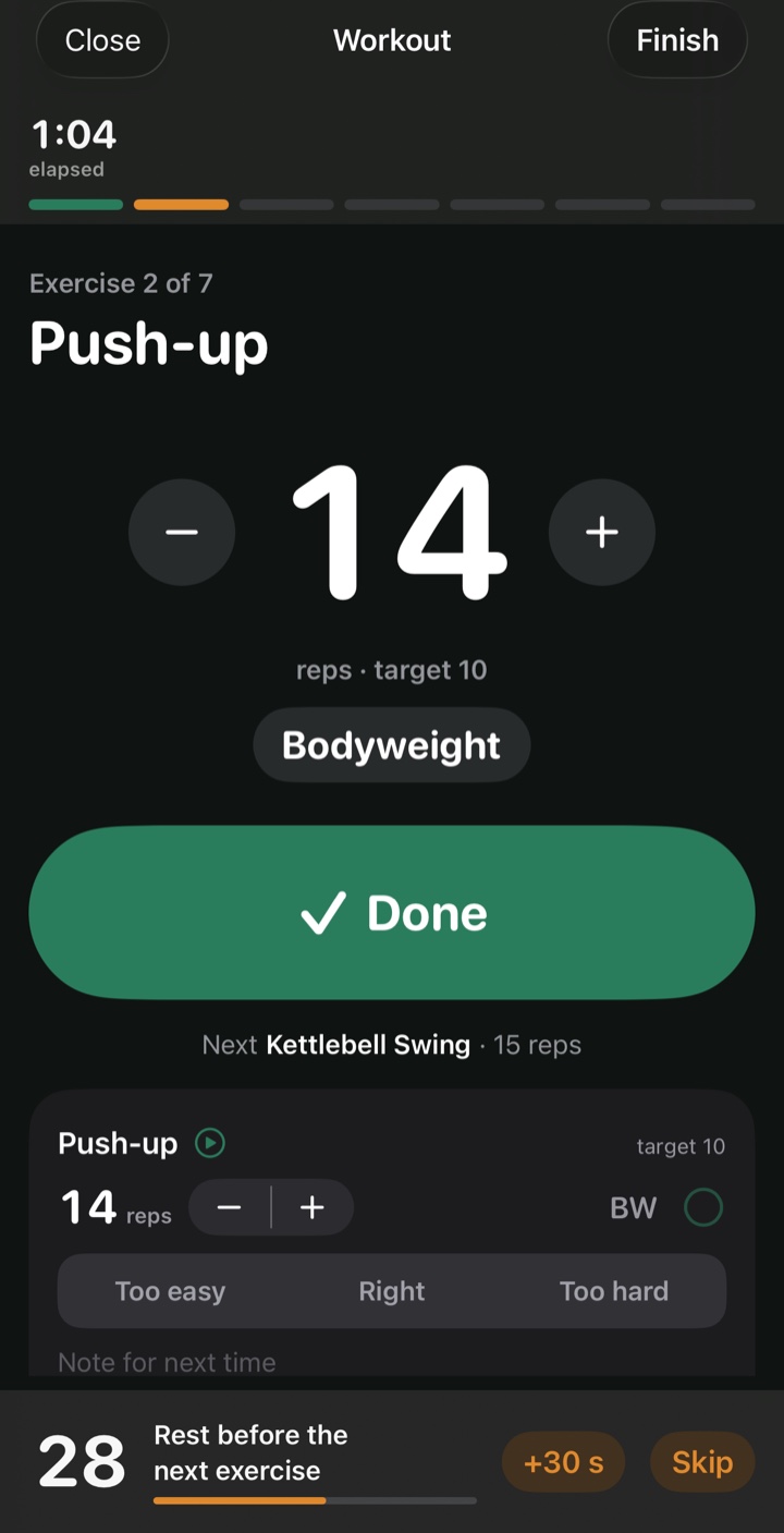 Workout mode in dark colors: Push-up, exercise 2 of 7, with 14 reps as a big number between minus and plus, a Done button, and the rest bar with 28 seconds left, +30 s and Skip.