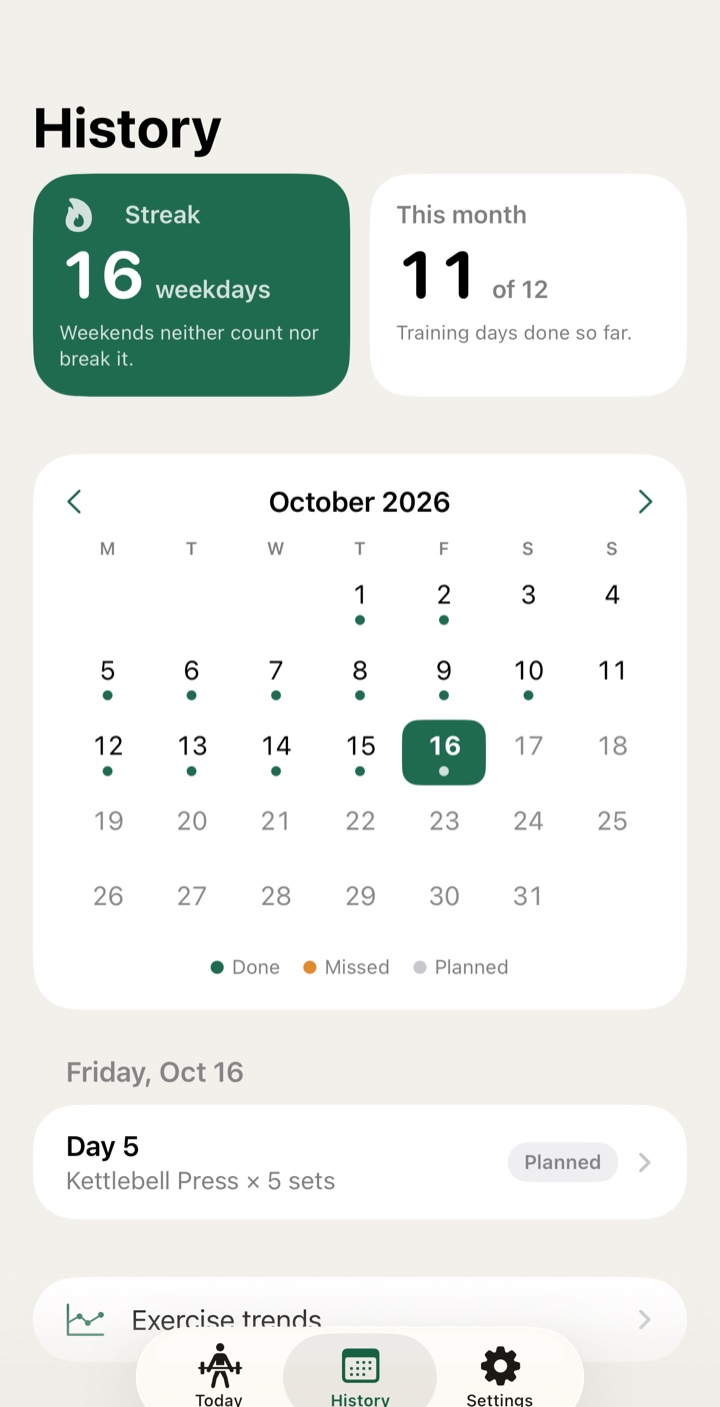 History for October 2026: a streak of 16 weekdays, 11 of 12 training days done this month, and a calendar with a green dot on each done day.