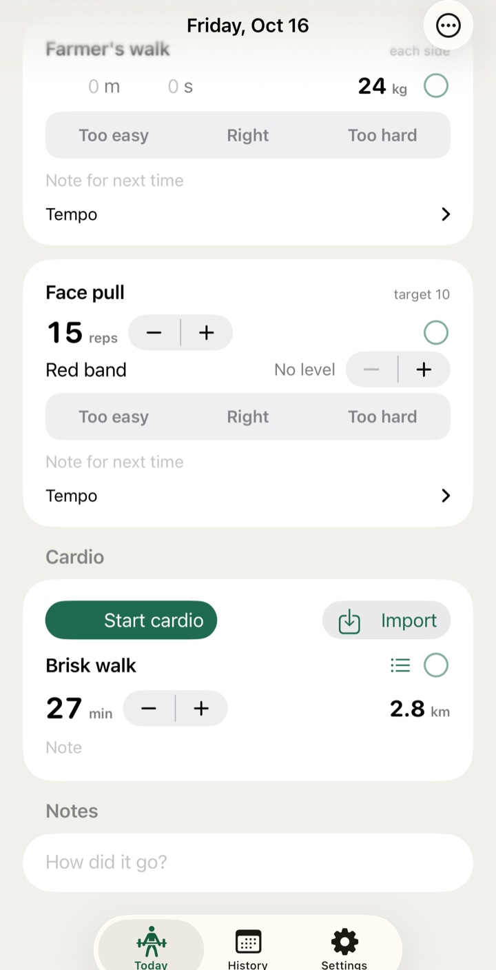 Today's cardio card: a brisk walk of 27 minutes and 2.8 km, with Start cardio and Import buttons, under the extras Farmer's walk and Face pull.